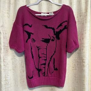 Vintage RG Arnold Knit Graphic Fuchsia Black Elephant Sweater Women's Size Small